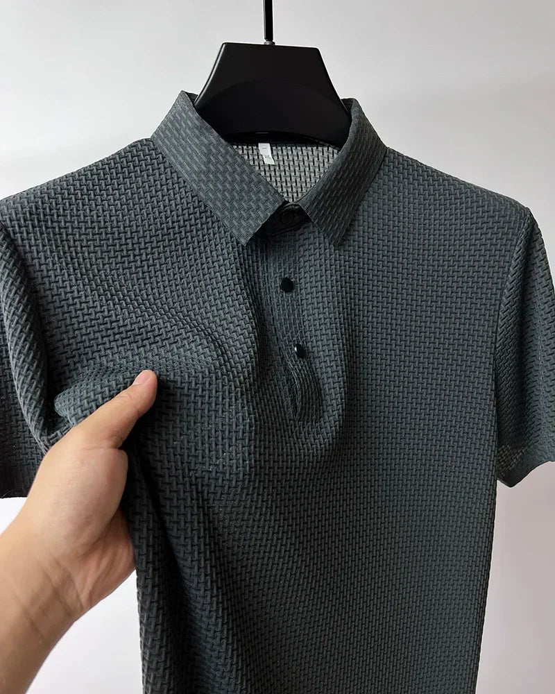 New Men's Lop-up Hollow Short-sleeved Polo Tee Shirt Ice Silk Breathable Business Fashion T-Shirt Male Brand Clothes