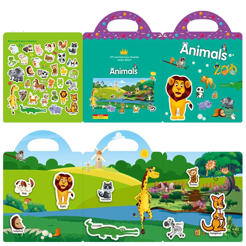 Reusable Cartoon Sticker Book for Kids Multiple Scenos DIY Puzzle Game Educational Learning Classic Toys for Child Age 2-4 Gifts