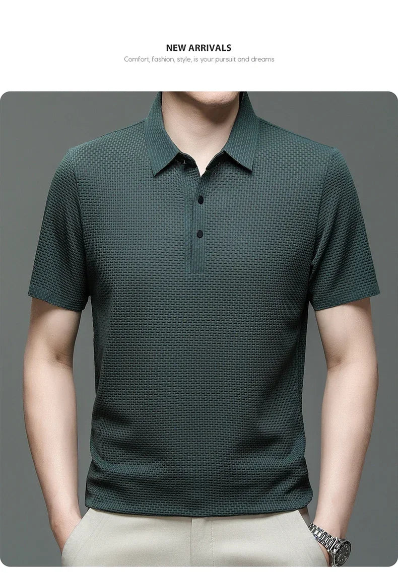 New Men's Lop-up Hollow Short-sleeved Polo Tee Shirt Ice Silk Breathable Business Fashion T-Shirt Male Brand Clothes