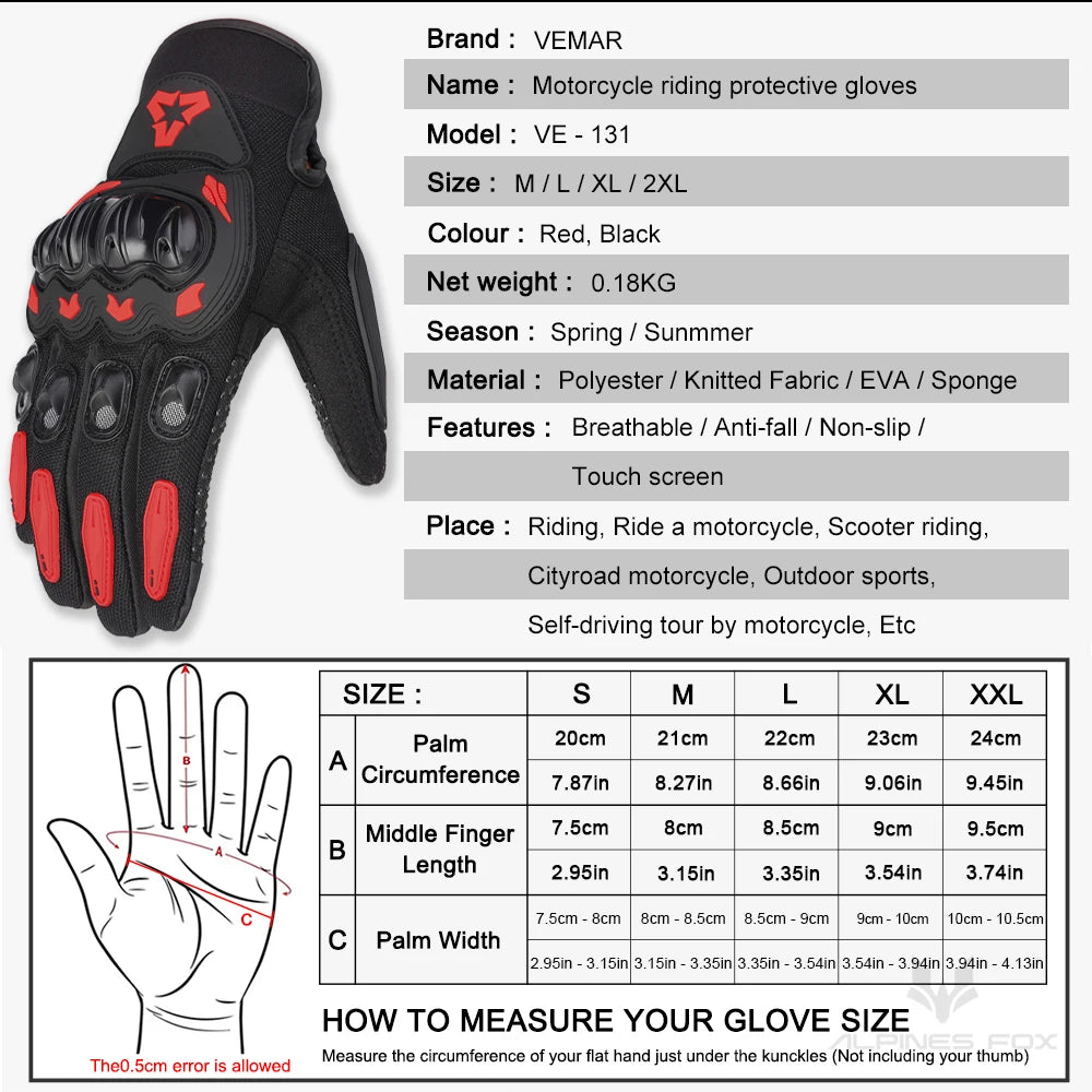 VEMAR  Motorcycle Gloves Men Black Full Finger Touchscreen Cycling ATV MTB Guantes Moto Luvas Bike Riding Glove Women Red