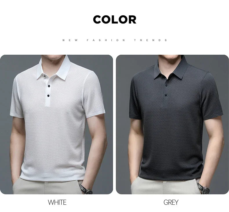 New Men's Lop-up Hollow Short-sleeved Polo Tee Shirt Ice Silk Breathable Business Fashion T-Shirt Male Brand Clothes