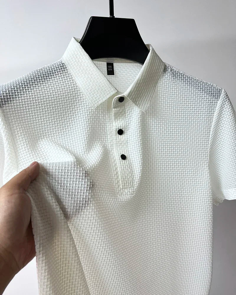 New Men's Lop-up Hollow Short-sleeved Polo Tee Shirt Ice Silk Breathable Business Fashion T-Shirt Male Brand Clothes