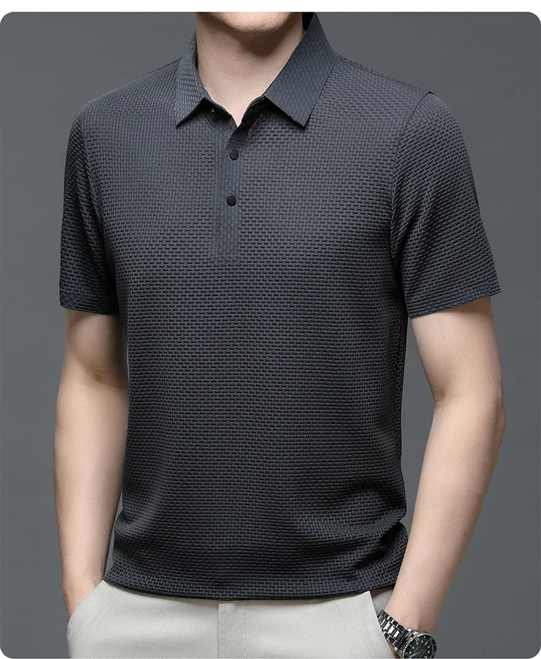 New Men's Lop-up Hollow Short-sleeved Polo Tee Shirt Ice Silk Breathable Business Fashion T-Shirt Male Brand Clothes