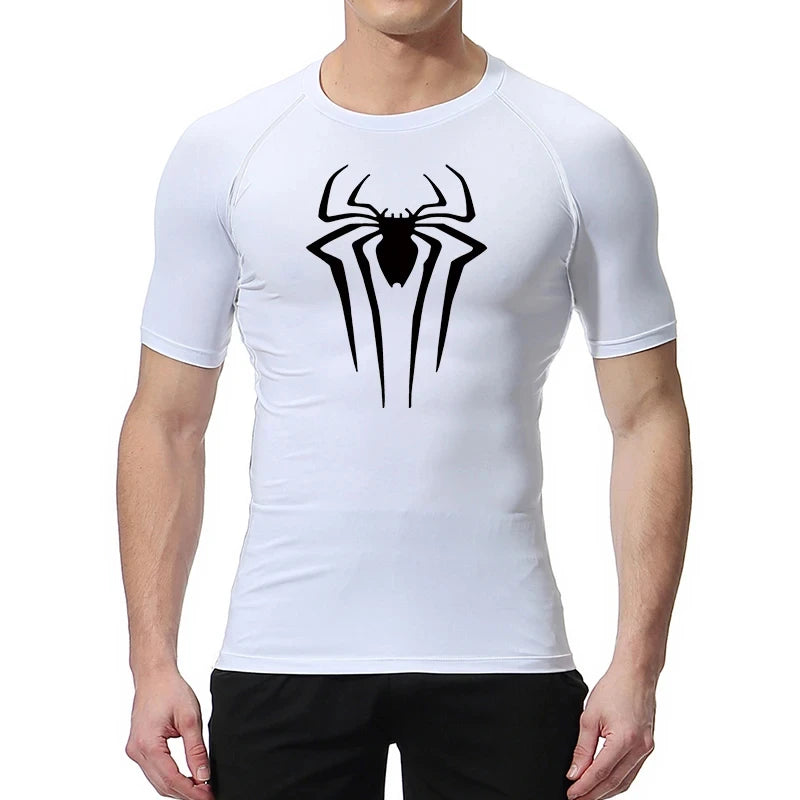 Spider Print Compression Shirts for Men Summer Short Sleeve Rash Guard Gym Workout Tshirt Athletic Quick Dry Undershirts Tops