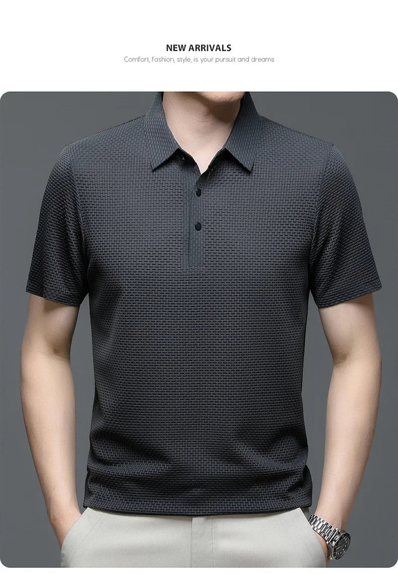 New Men's Lop-up Hollow Short-sleeved Polo Tee Shirt Ice Silk Breathable Business Fashion T-Shirt Male Brand Clothes