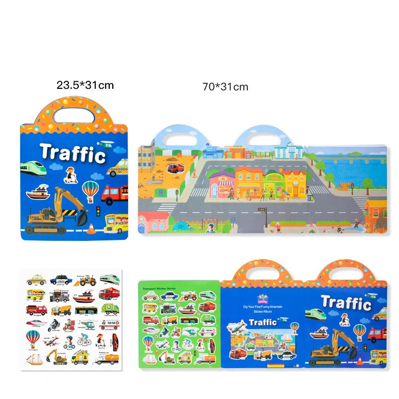 Reusable Cartoon Sticker Book for Kids Multiple Scenos DIY Puzzle Game Educational Learning Classic Toys for Child Age 2-4 Gifts