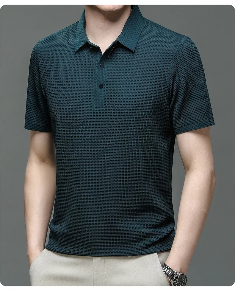 New Men's Lop-up Hollow Short-sleeved Polo Tee Shirt Ice Silk Breathable Business Fashion T-Shirt Male Brand Clothes