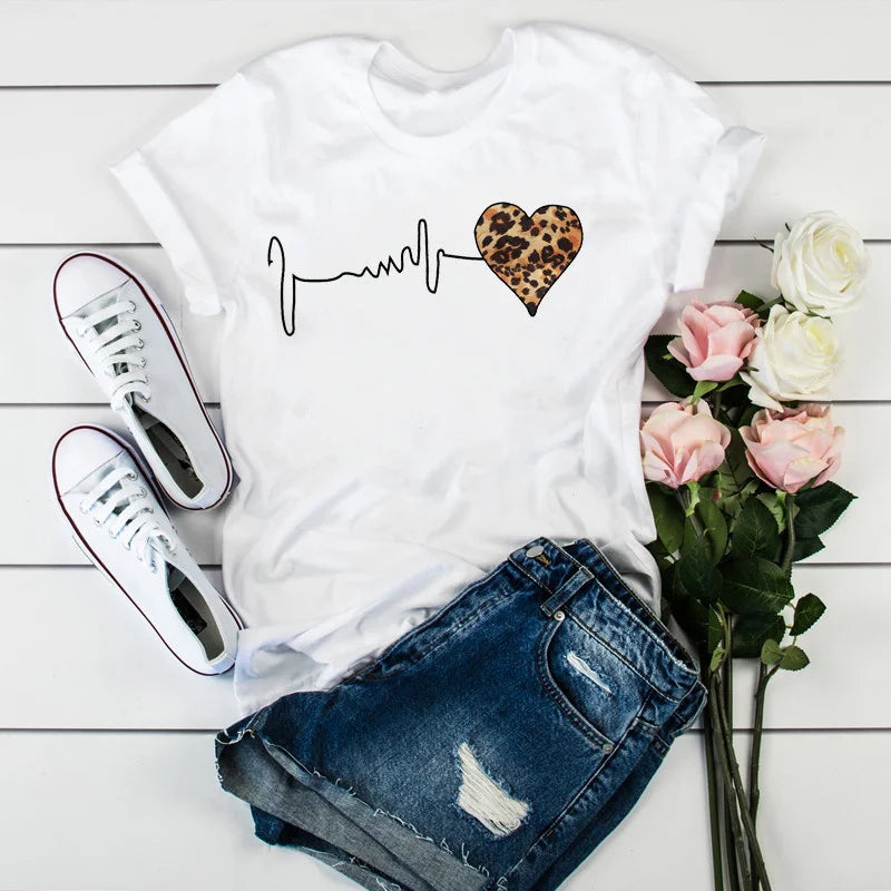 New 90 's Leopard Heartbeat Short Sleeve Print Clothing Women's T-Shirt Harajuku Graphic Clothing Women's Top