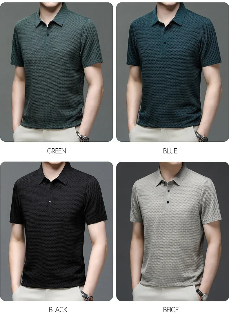 New Men's Lop-up Hollow Short-sleeved Polo Tee Shirt Ice Silk Breathable Business Fashion T-Shirt Male Brand Clothes