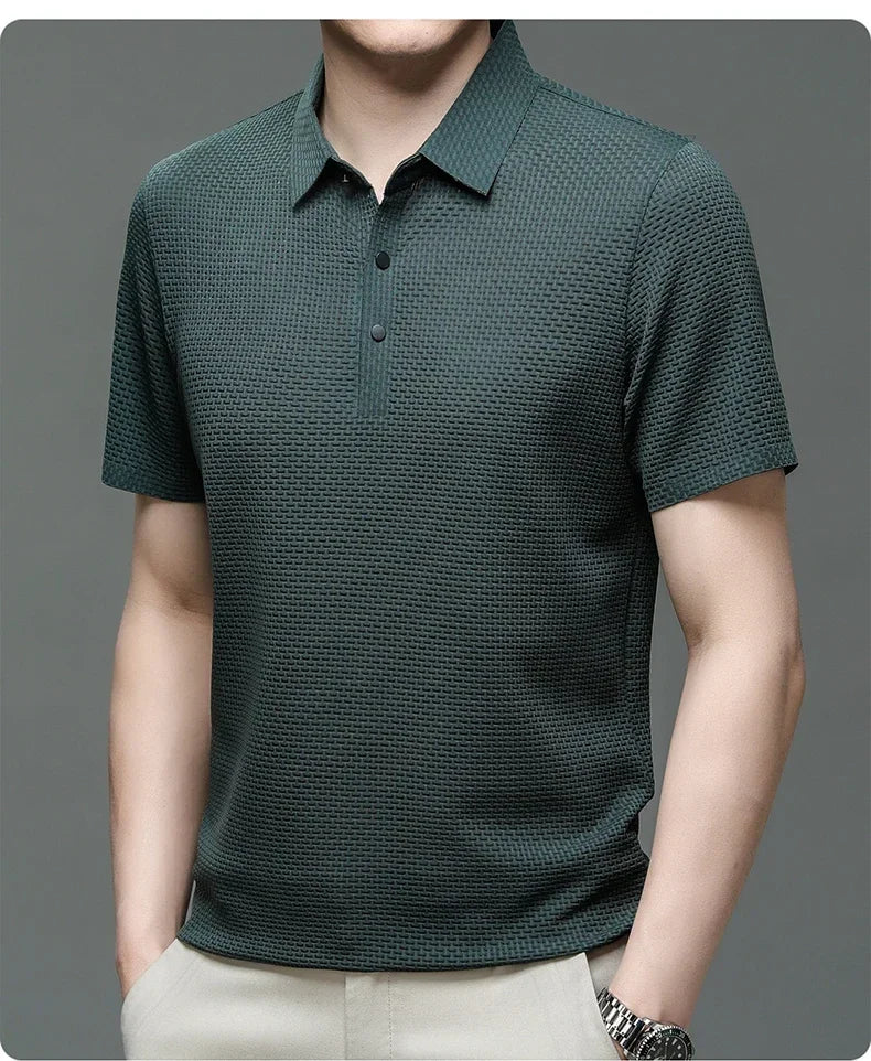 New Men's Lop-up Hollow Short-sleeved Polo Tee Shirt Ice Silk Breathable Business Fashion T-Shirt Male Brand Clothes