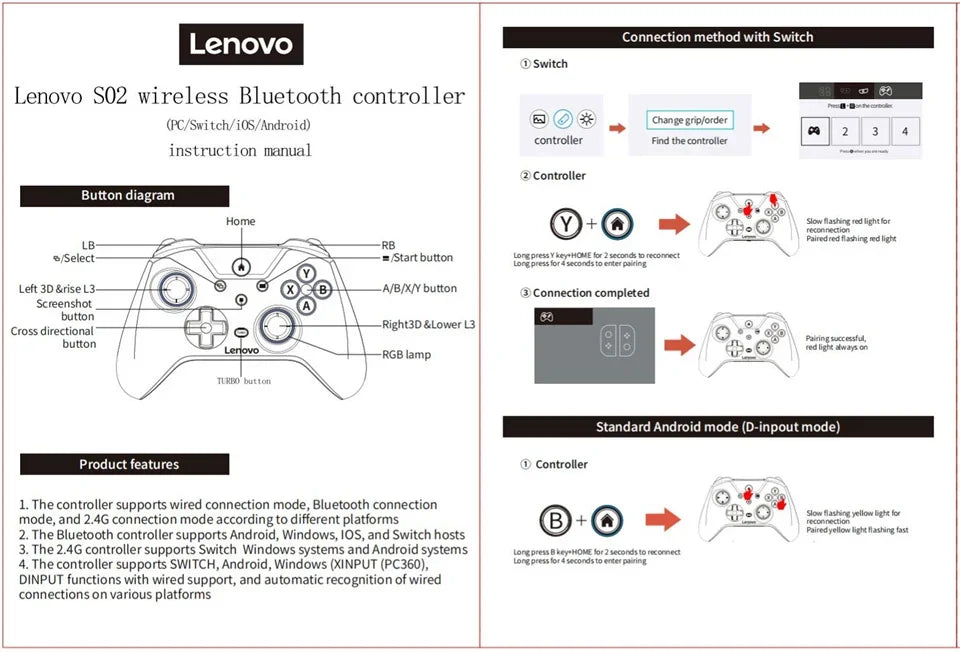 Lenovo S02 Controller for Switch Joystick Gamepad Dual Vibration Wireless Bluetooth Joypad For PlayStation PC/IOS/Android/TV