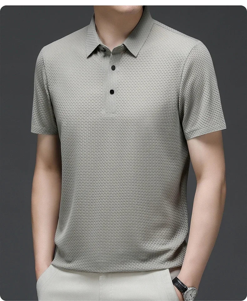 New Men's Lop-up Hollow Short-sleeved Polo Tee Shirt Ice Silk Breathable Business Fashion T-Shirt Male Brand Clothes