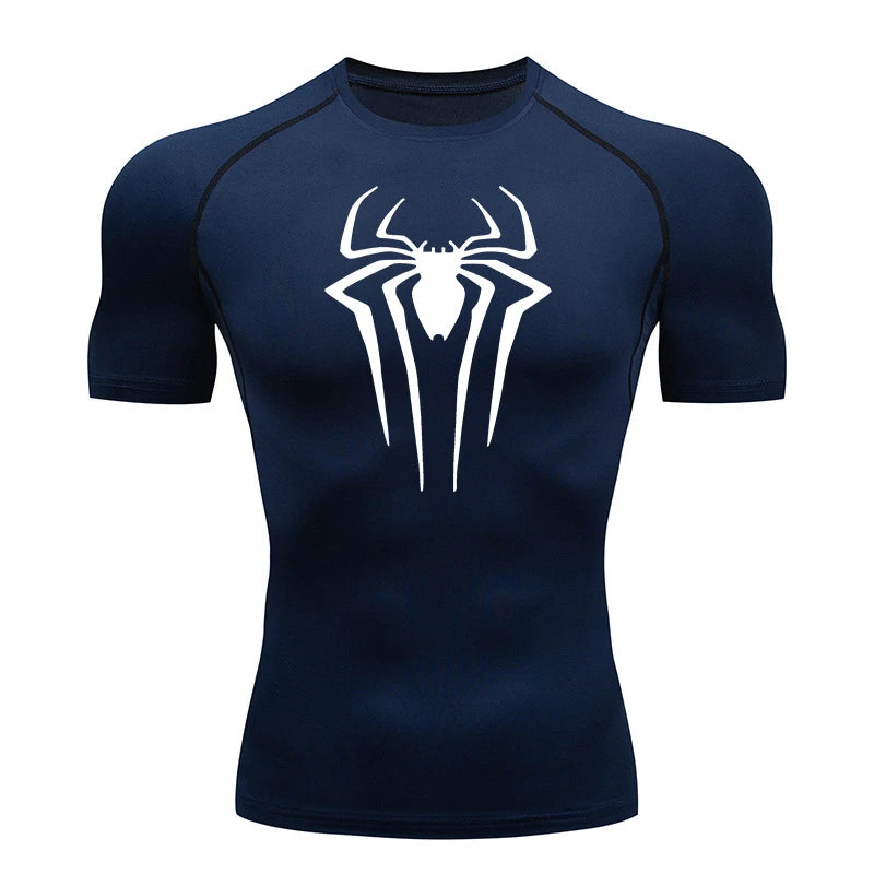 Spider Print Compression Shirts for Men Summer Short Sleeve Rash Guard Gym Workout Tshirt Athletic Quick Dry Undershirts Tops