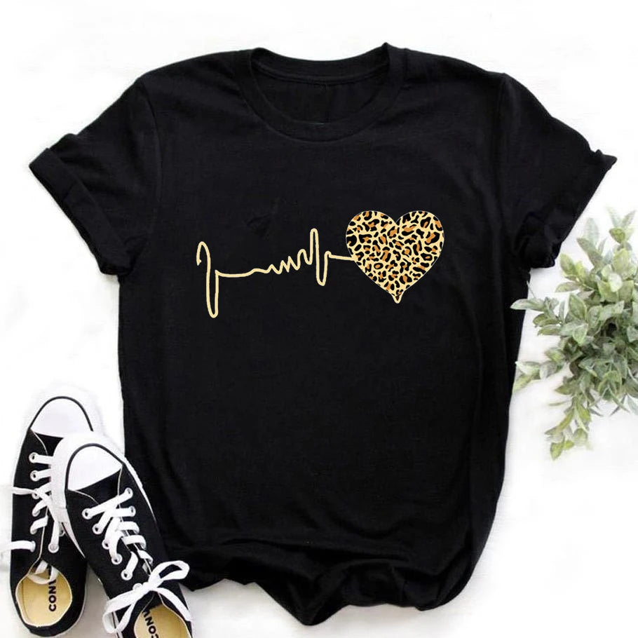 New 90 's Leopard Heartbeat Short Sleeve Print Clothing Women's T-Shirt Harajuku Graphic Clothing Women's Top