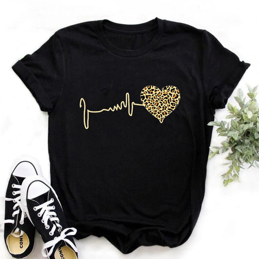 New 90 's Leopard Heartbeat Short Sleeve Print Clothing Women's T-Shirt Harajuku Graphic Clothing Women's Top