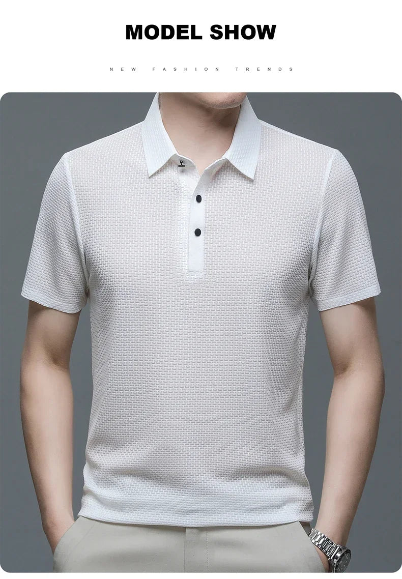 New Men's Lop-up Hollow Short-sleeved Polo Tee Shirt Ice Silk Breathable Business Fashion T-Shirt Male Brand Clothes