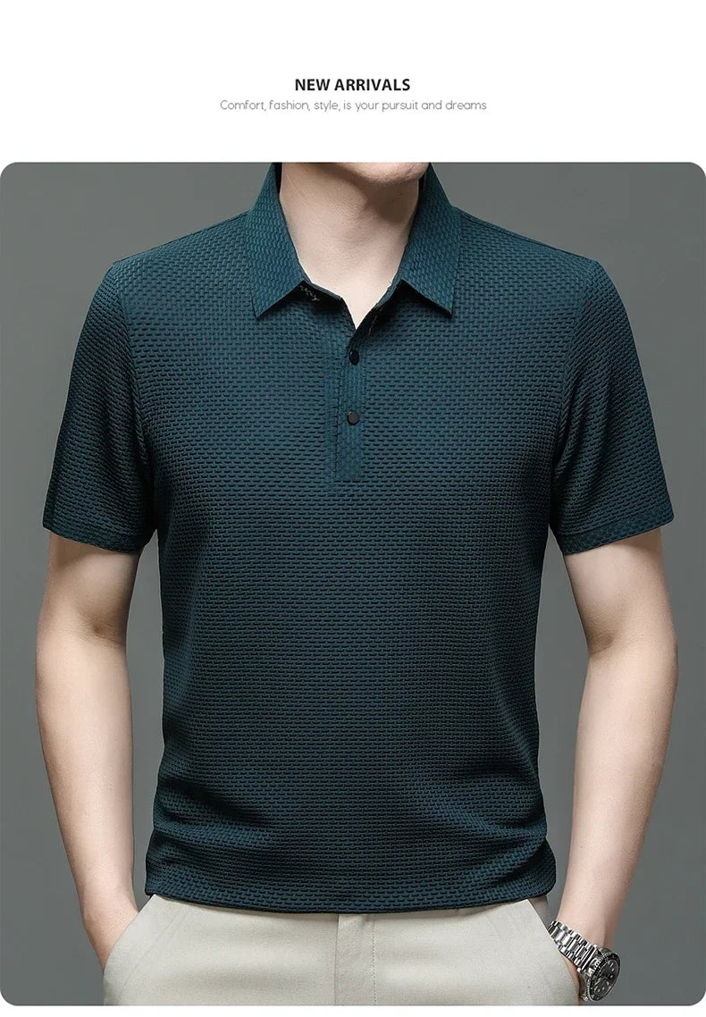 New Men's Lop-up Hollow Short-sleeved Polo Tee Shirt Ice Silk Breathable Business Fashion T-Shirt Male Brand Clothes