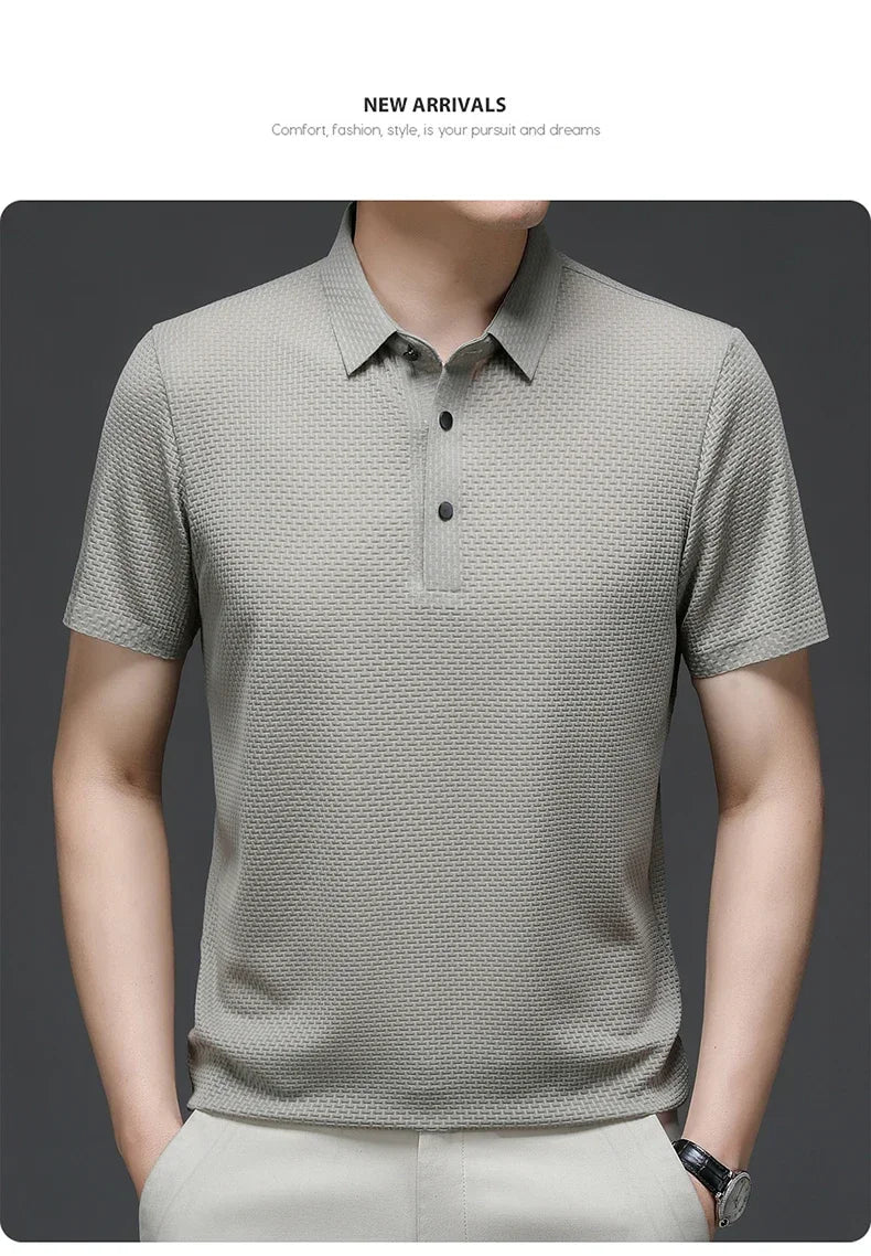 New Men's Lop-up Hollow Short-sleeved Polo Tee Shirt Ice Silk Breathable Business Fashion T-Shirt Male Brand Clothes