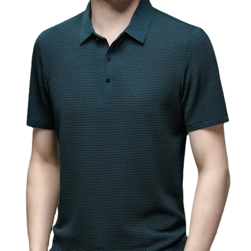 New Men's Lop-up Hollow Short-sleeved Polo Tee Shirt Ice Silk Breathable Business Fashion T-Shirt Male Brand Clothes